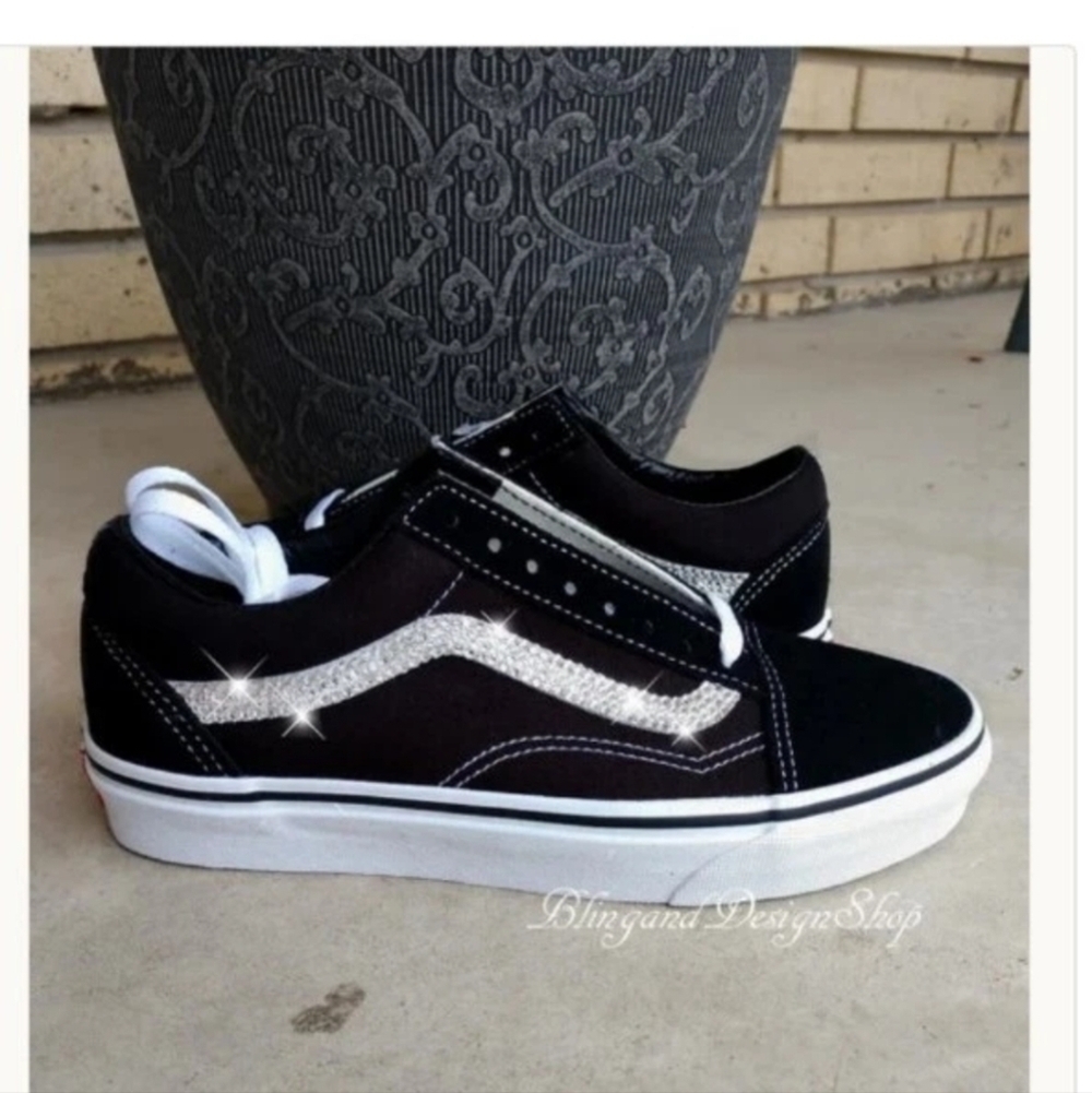 Bling Womens Vans Old Skool Black White Shoes Customized with Swarovski Crystals